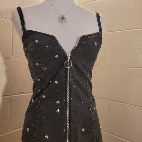 Black Denim Star Studded A Line Moto Mini Dress - Picture 1 of 7